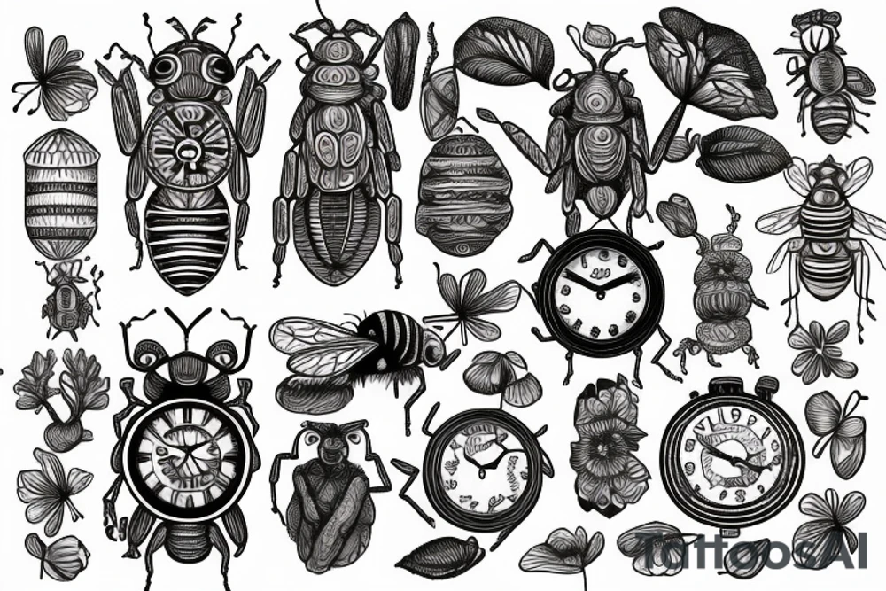 Bee, clock, baobab, pray mantis, stomach, mandala tattoo idea