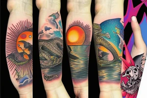 Sunset florida and a florida panter,great white heron,alligator curled around it above the sunset wrist tatoo tattoo idea