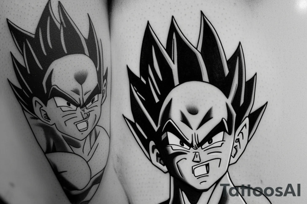 A black and white tattoo design featuring Vegeta, a character from the Dragon Ball anime, in his Super Saiyan form. Vegeta is depicted with spiky black hair and piercing blue eyes. He is flexing his muscles and has a determined expression on his face. The tattoo is surrounded by swirling energy and includes the phrase "Over 9000" in bold lettering, a reference to a famous line from the show. The tattoo is surrounded by a border of dragon scales. tattoo idea