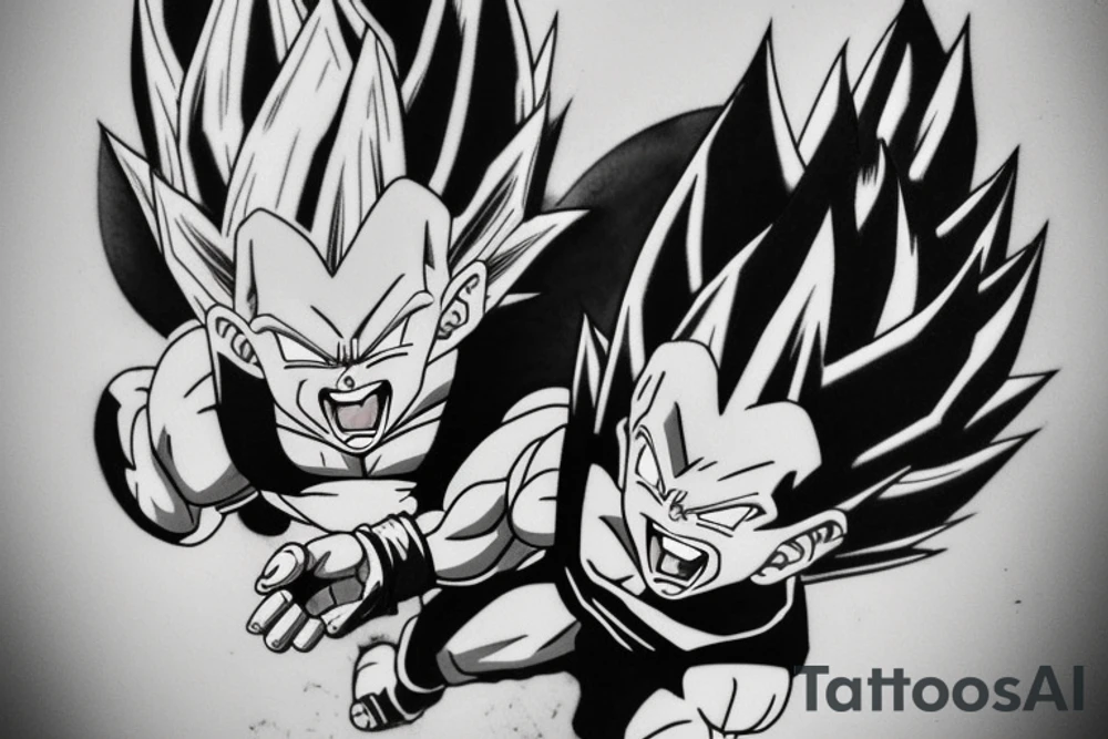 A black and white tattoo design featuring Vegeta, a character from the Dragon Ball anime, in his Super Saiyan form. Vegeta is depicted with spiky black hair and piercing blue eyes. He is flexing his muscles and has a determined expression on his face. The tattoo is surrounded by swirling energy and includes the phrase "Over 9000" in bold lettering, a reference to a famous line from the show. The tattoo is surrounded by a border of dragon scales. tattoo idea