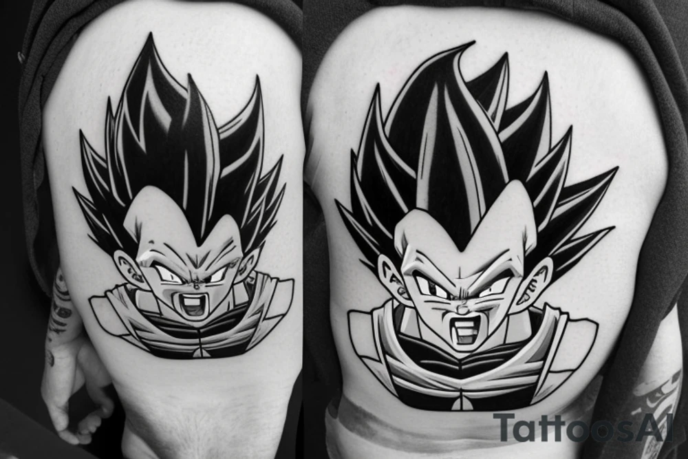 A black and white tattoo design featuring Vegeta, a character from the Dragon Ball anime, in his Super Saiyan form. Vegeta is depicted with spiky black hair and piercing blue eyes. He is flexing his muscles and has a determined expression on his face. The tattoo is surrounded by swirling energy and includes the phrase "Over 9000" in bold lettering, a reference to a famous line from the show. The tattoo is surrounded by a border of dragon scales. tattoo idea