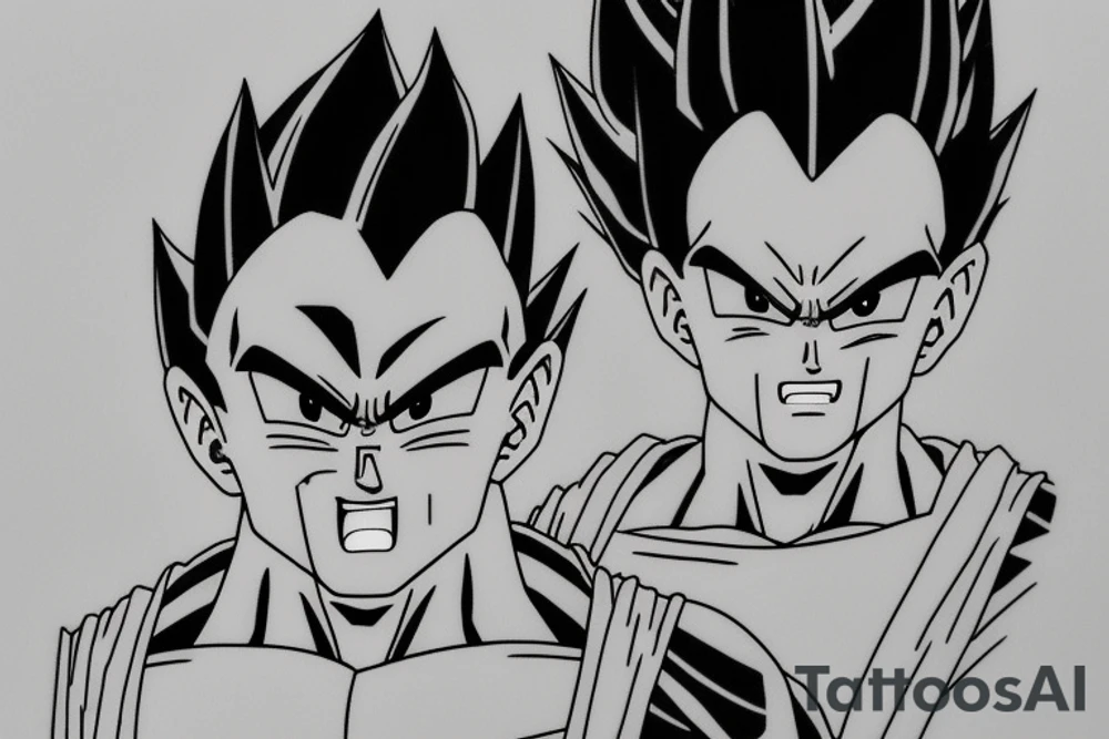 A black and white tattoo design featuring Vegeta, a character from the Dragon Ball anime, in his Super Saiyan form. Vegeta is depicted with spiky black hair and piercing blue eyes. He is flexing his muscles and has a determined expression on his face. The tattoo is surrounded by swirling energy and includes the phrase "Over 9000" in bold lettering, a reference to a famous line from the show. The tattoo is surrounded by a border of dragon scales. tattoo idea