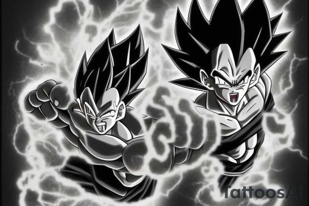 A black and white tattoo design featuring Vegeta, a character from the Dragon Ball anime, in his Super Saiyan form. Vegeta is depicted with spiky black hair and piercing blue eyes. He is flexing his muscles and has a determined expression on his face. The tattoo is surrounded by swirling energy and includes the phrase "Over 9000" in bold lettering, a reference to a famous line from the show. The tattoo is surrounded by a border of dragon scales. tattoo idea