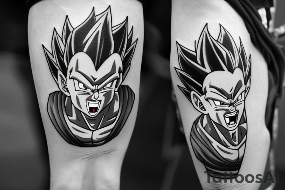 A black and white tattoo design featuring Vegeta, a character from the Dragon Ball anime, in his Super Saiyan form. Vegeta is depicted with spiky black hair and piercing blue eyes. He is flexing his muscles and has a determined expression on his face. The tattoo is surrounded by swirling energy and includes the phrase "Over 9000" in bold lettering, a reference to a famous line from the show. The tattoo is surrounded by a border of dragon scales. tattoo idea