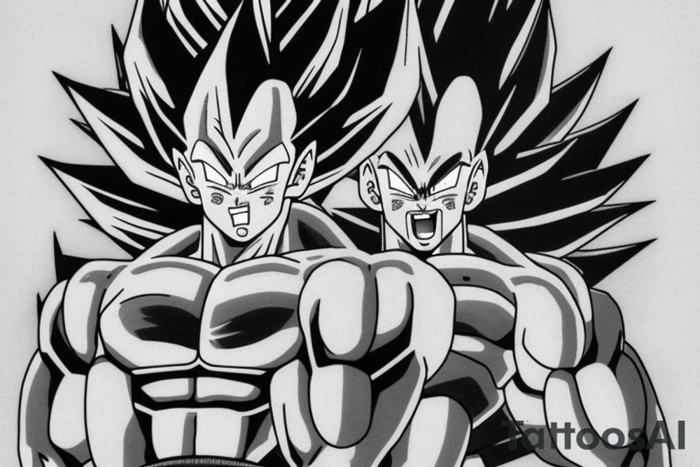A black and white tattoo design featuring Vegeta, a character from the Dragon Ball anime, in his Super Saiyan form. Vegeta is depicted with spiky black hair and piercing blue eyes. He is flexing his muscles and has a determined expression on his face. The tattoo is surrounded by swirling energy and includes the phrase "Over 9000" in bold lettering, a reference to a famous line from the show. The tattoo is surrounded by a border of dragon scales. tattoo idea