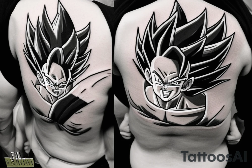 A black and white tattoo design featuring Vegeta, a character from the Dragon Ball anime, in his Super Saiyan form. Vegeta is depicted with spiky black hair and piercing blue eyes. He is flexing his muscles and has a determined expression on his face. The tattoo is surrounded by swirling energy and includes the phrase "Over 9000" in bold lettering, a reference to a famous line from the show. The tattoo is surrounded by a border of dragon scales. tattoo idea
