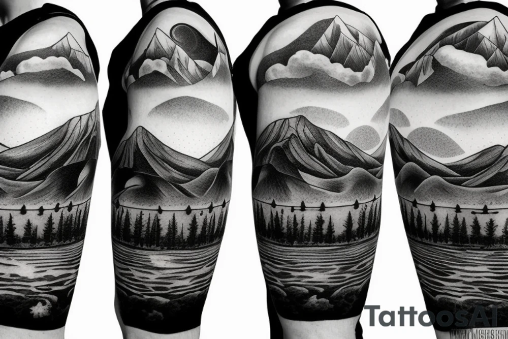 pond with mountains and trees in back with sky turning into outer space tattoo idea