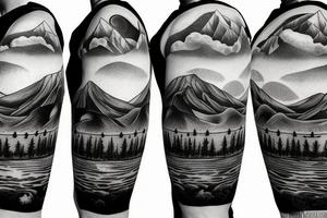 pond with mountains and trees in back with sky turning into outer space tattoo idea
