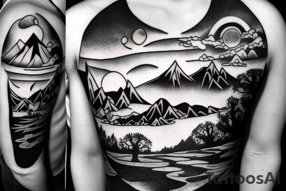 pond with mountains and trees in back with sky turning into outer space tattoo idea