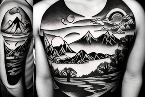 pond with mountains and trees in back with sky turning into outer space tattoo idea