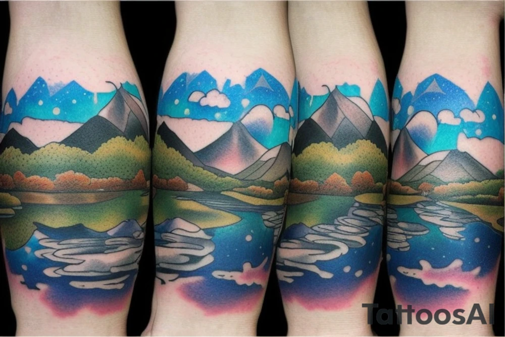 on forearm a pond with mountains and trees in back with sky turning into outer space tattoo idea