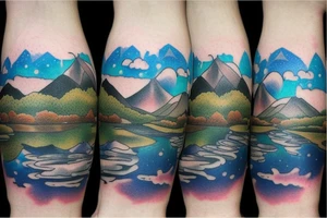 on forearm a pond with mountains and trees in back with sky turning into outer space tattoo idea
