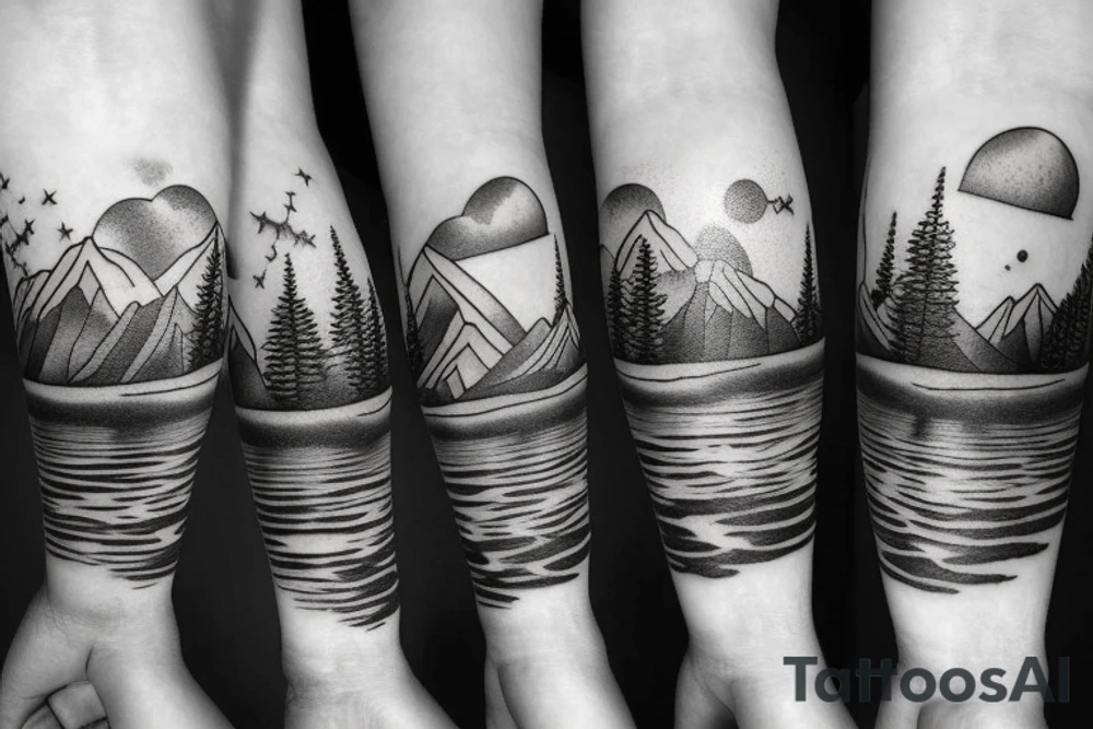 on forearm a pond with mountains and trees in back with sky turning into outer space tattoo idea