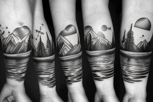 on forearm a pond with mountains and trees in back with sky turning into outer space tattoo idea
