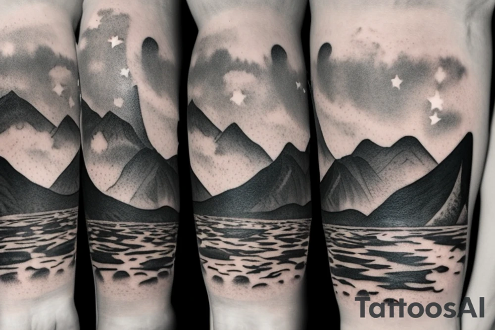 on forearm a pond with mountains and trees in back with sky turning into outer space with stars and planets tattoo idea