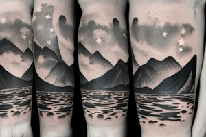 on forearm a pond with mountains and trees in back with sky turning into outer space with stars and planets tattoo idea