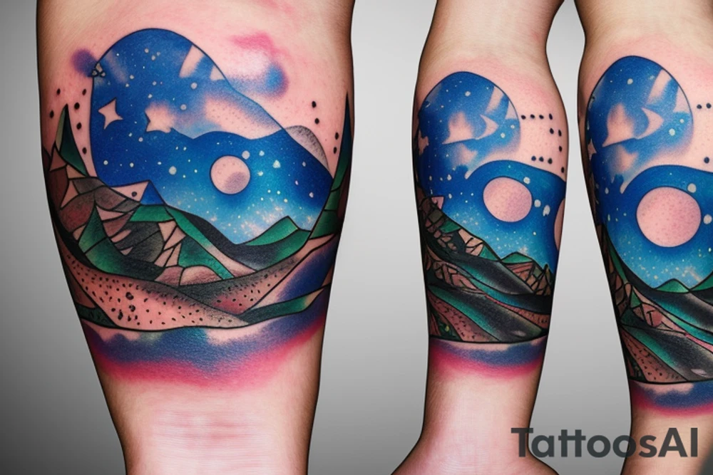 on forearm a pond with mountains and trees in back with sky turning into outer space with stars and planets tattoo idea