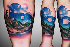 on forearm a pond with mountains and trees in back with sky turning into outer space with stars and planets tattoo idea