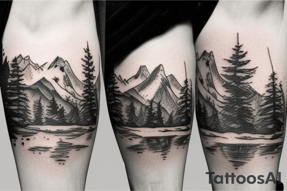 on outer forearm pond scene in the woods with mountains in the background tattoo idea