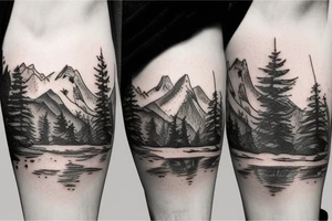 on outer forearm pond scene in the woods with mountains in the background tattoo idea