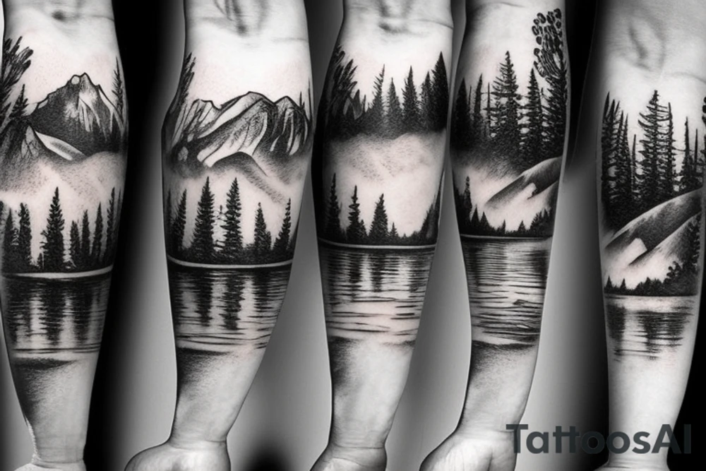 on outer forearm pond scene in the woods with mountains in the background tattoo idea