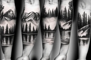 on outer forearm pond scene in the woods with mountains in the background tattoo idea