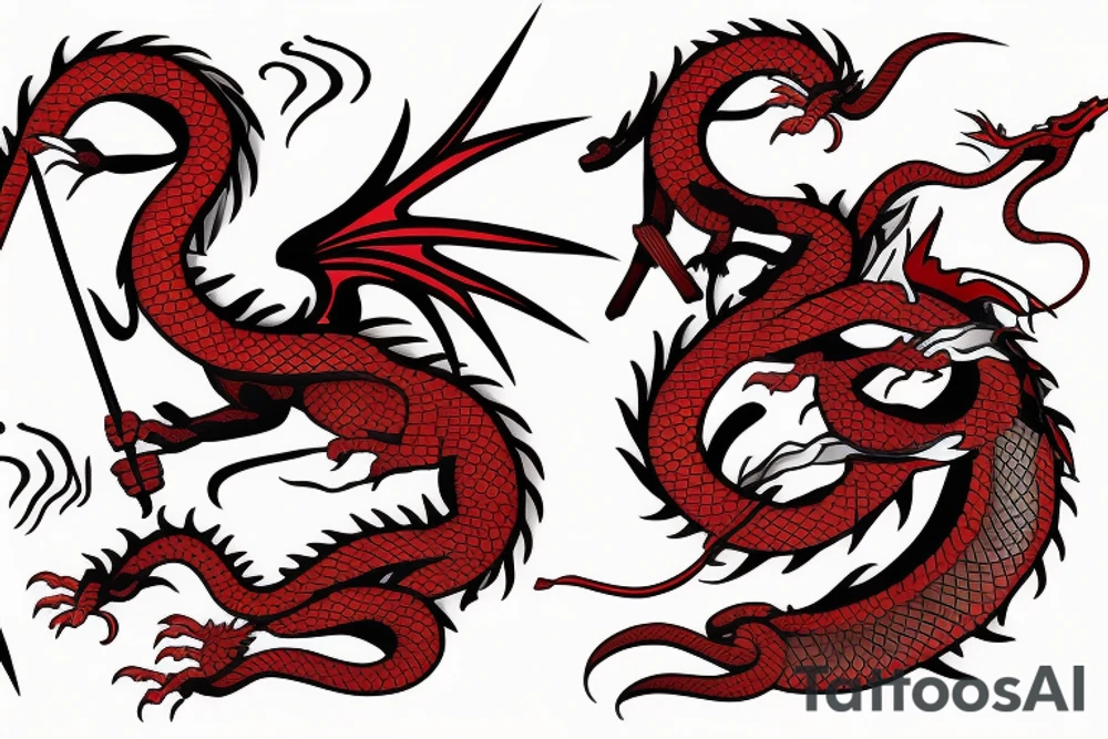 M shaped dragon with red flame and claws tattoo idea
