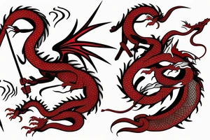 M shaped dragon with red flame and claws tattoo idea
