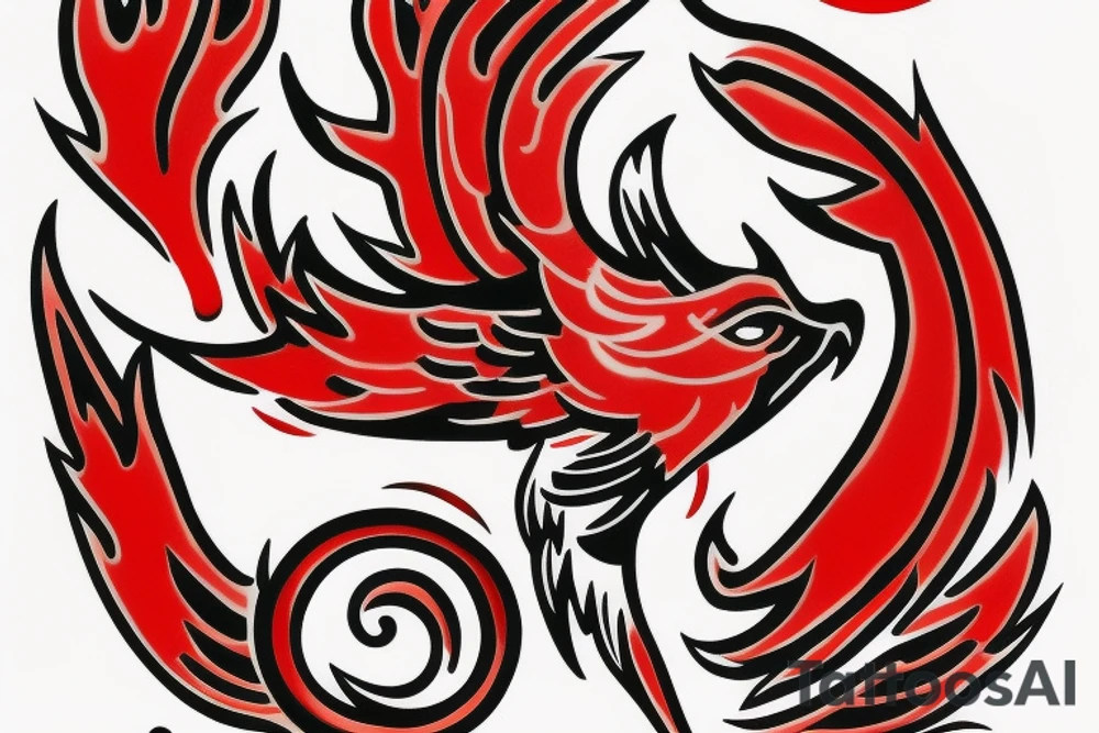 M shaped firebird with red flame and claws tattoo idea