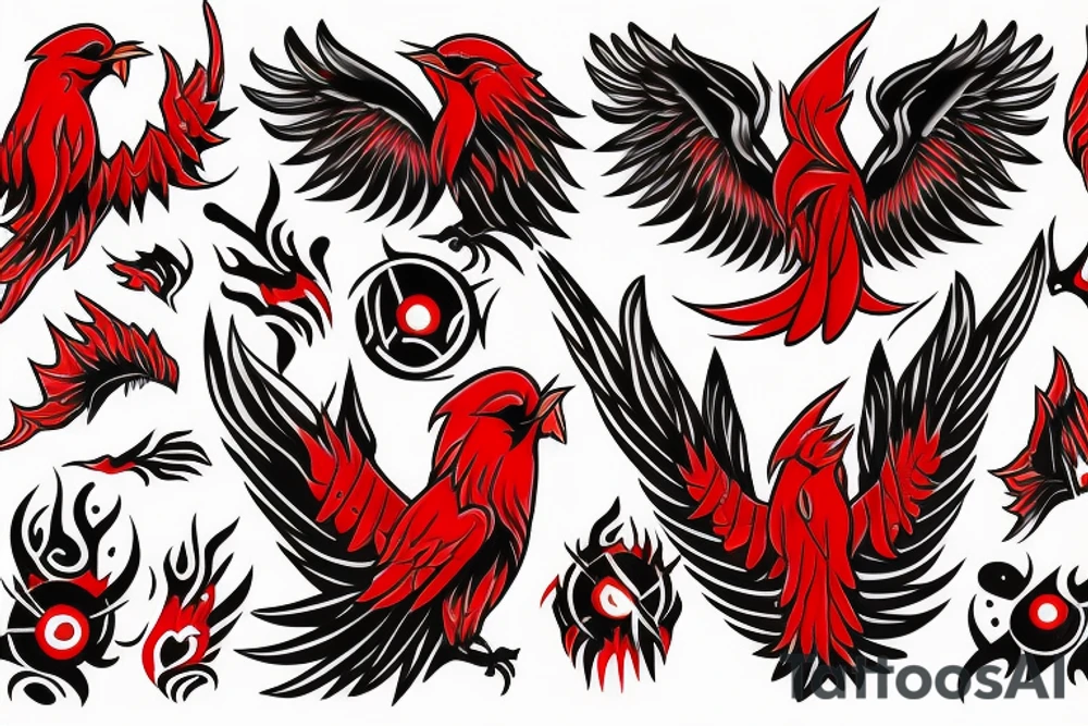 M shaped firebird with red flame and claws tattoo idea