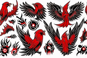 M shaped firebird with red flame and claws tattoo idea