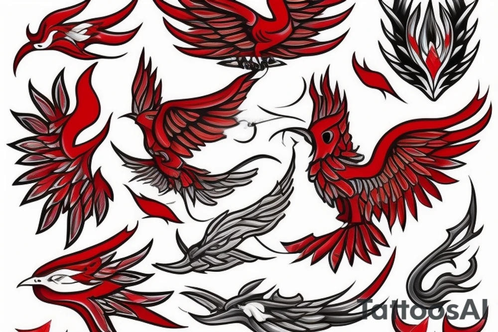 M shaped firebird with red flame and claws tattoo idea
