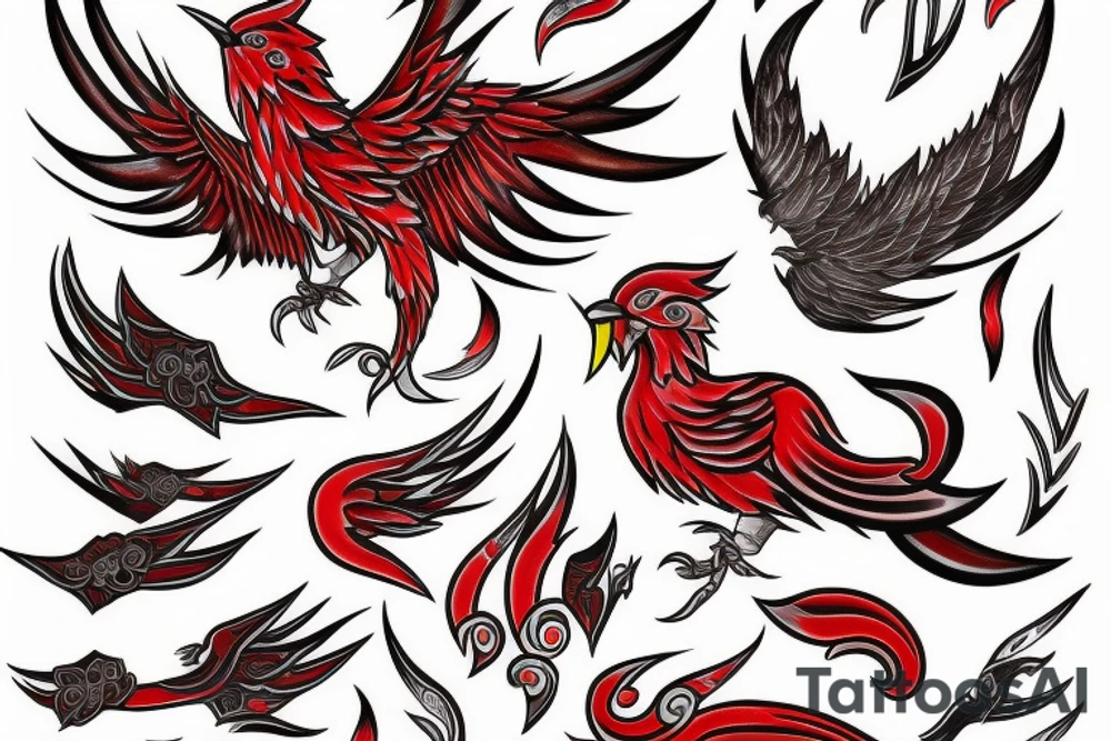 M shaped firebird with red flame and claws tattoo idea