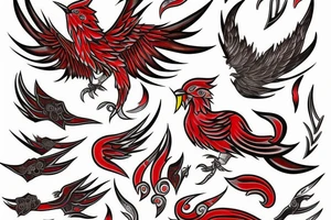 M shaped firebird with red flame and claws tattoo idea
