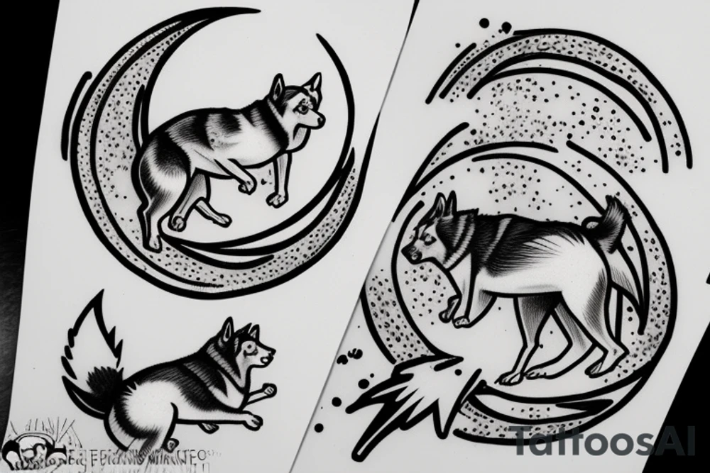 husky jumping over moon tattoo idea