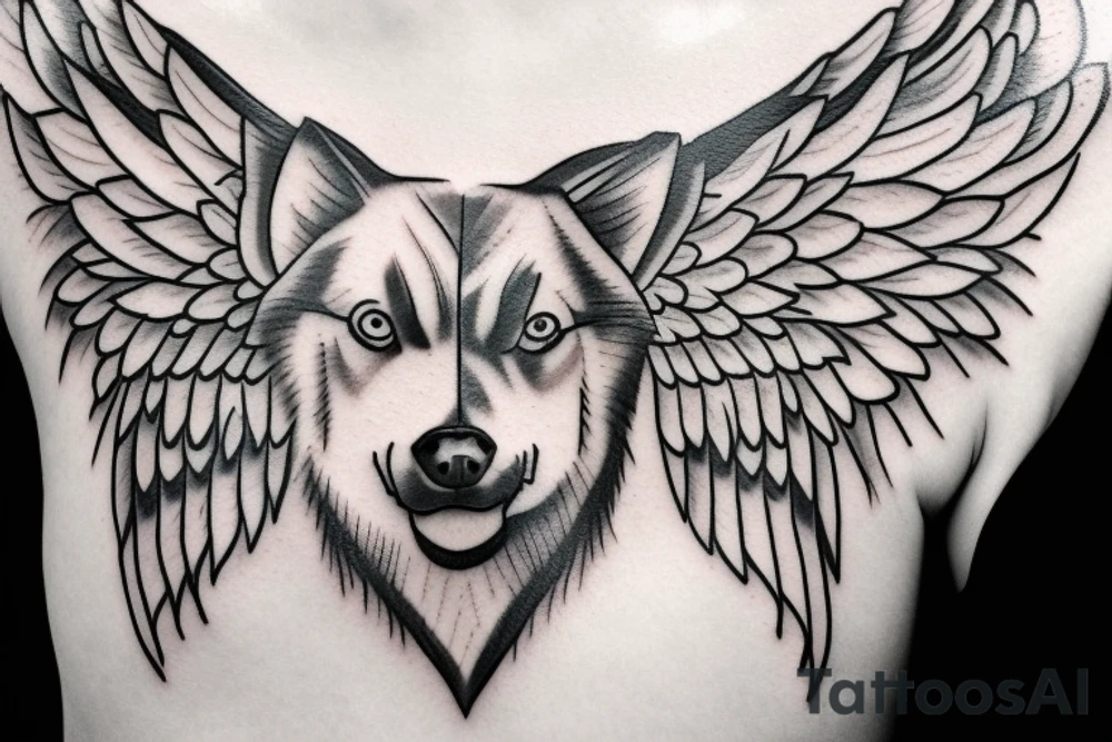 Husky with angel wings protecting a heart tattoo idea