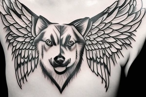 Husky with angel wings protecting a heart tattoo idea