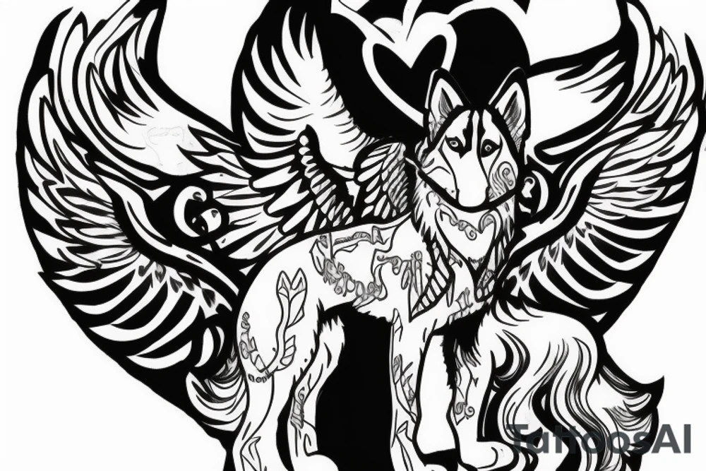 Husky with angel wings protecting a heart tattoo idea