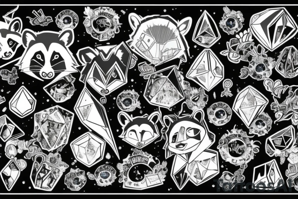 anime raccoon, blue crystals, bag of crystals, background room palace tattoo idea