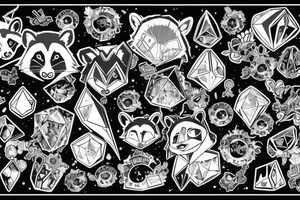 anime raccoon, blue crystals, bag of crystals, background room palace tattoo idea