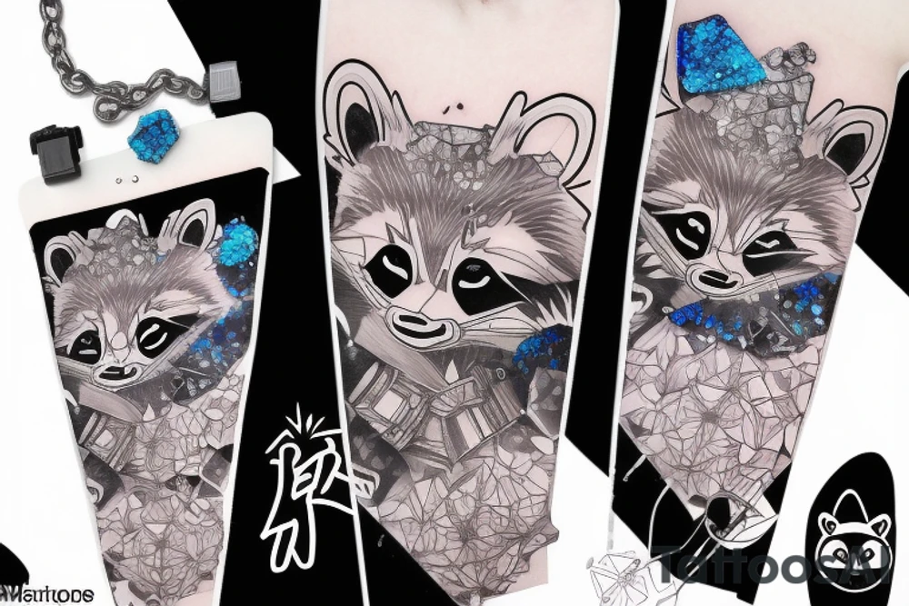 anime raccoon, blue crystals, bag of crystals, background room palace tattoo idea