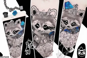 anime raccoon, blue crystals, bag of crystals, background room palace tattoo idea