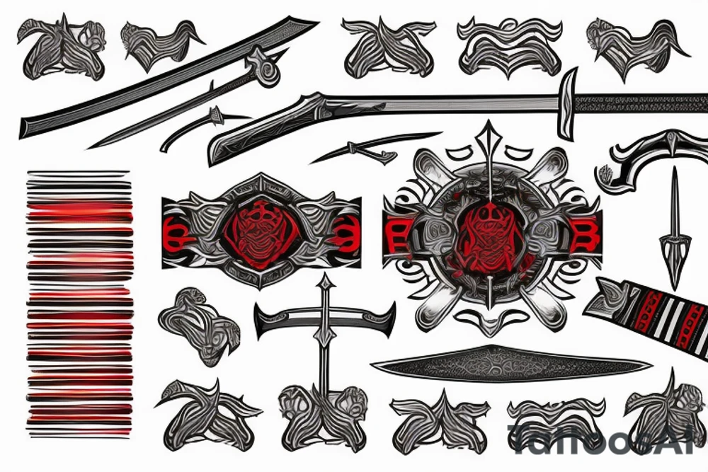 A medium sized sword or katana, surrounded by red and black lines tattoo idea
