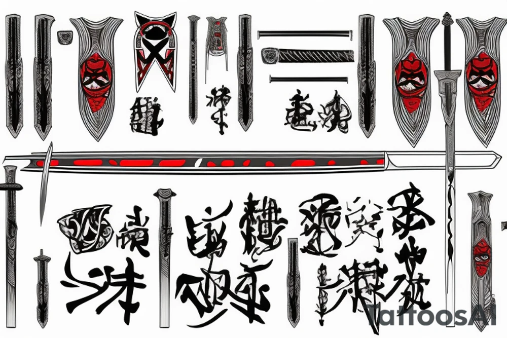 A medium sized sword or katana, surrounded by red and black lines tattoo idea