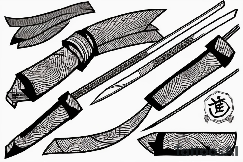 A katana pointing downwards, with red lines wrapping around it. tattoo idea