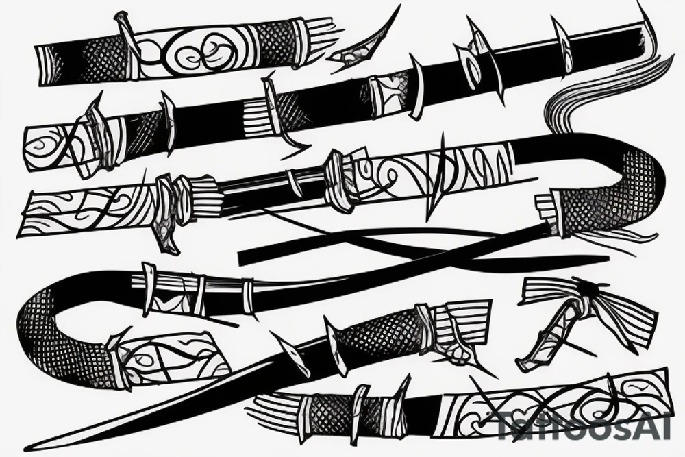 A katana pointing downwards, with red lines wrapping around it. tattoo idea