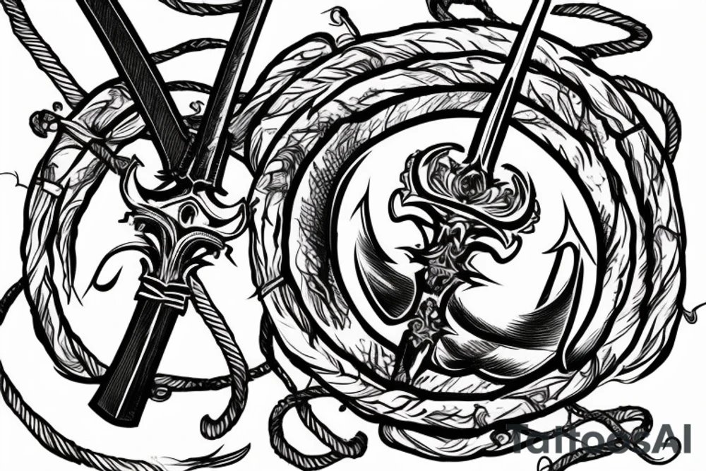 A sword pointing at the ground with red threads wrapped around the surrounding of the sword. tattoo idea