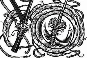 A sword pointing at the ground with red threads wrapped around the surrounding of the sword. tattoo idea