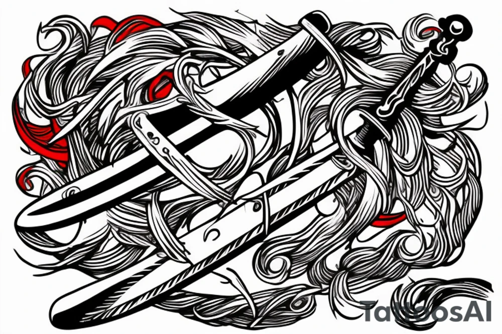A sword pointing at the ground with red threads wrapped around the surrounding of the sword. tattoo idea
