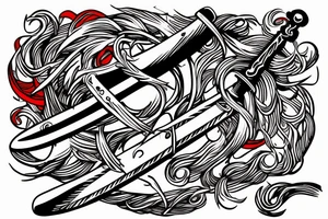 A sword pointing at the ground with red threads wrapped around the surrounding of the sword. tattoo idea